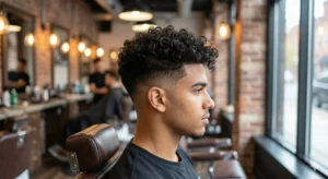Side profile of a stylish man with a neat low fade curly hair haircut and voluminous curls in a modern barbershop