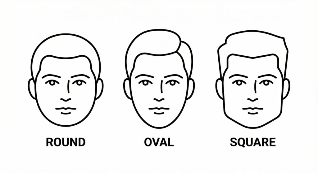 Illustration showing round, oval, and square male face shapes with recommended low taper fade hairstyles for each.