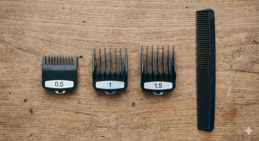 How to Fix a Fade Line (Beginner-Friendly Guide) Top-down view of hair clipper guard attachments sizes 0.5, 1, and 1.5 arranged next to a barber comb, showing the tools needed for smoothing transitions.