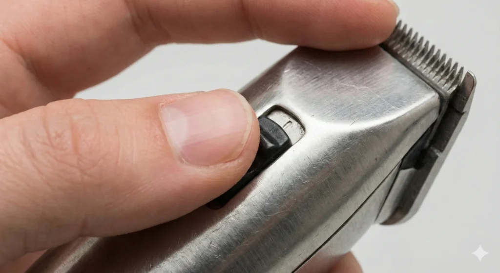 How to Hold Clippers Properly (Beginner’s Complete Guide) Macro shot demonstrating proper finger placement on hair clippers, highlighting the thumb resting on the side and the index finger guiding the blade.