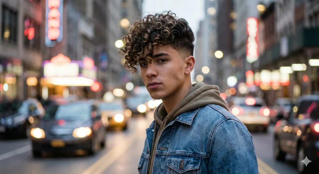 Low Blowout Taper with Fringe: A Simple Style Guide for Men Man with curly hair wearing a low blowout taper with defined curls falling over the forehead as a fringe.