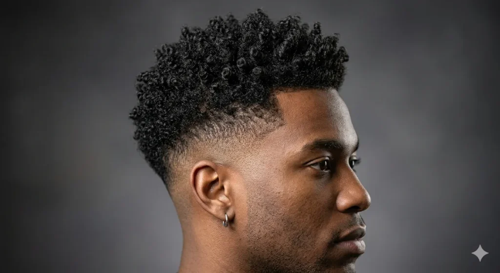 Low Taper Fade Without Beard: Styles, Tips and Everything You Need to Know Close-up of natural tight curls on top with a smooth skin-level low taper fade around the ears