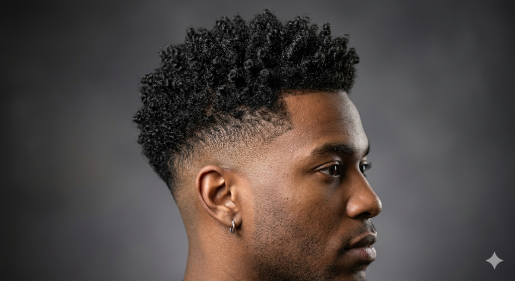 Close-up of natural tight curls on top with a smooth skin-level low taper fade around the ears