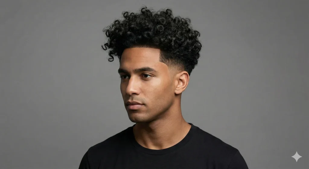 The Best Complete Guide to Taper Fade Haircut Man with thick curly hair featuring a mid taper fade that keeps the sides clean and top voluminous.