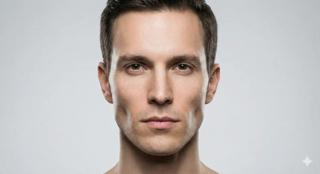 Best Haircuts for Diamond Face Shape Front view of a male face showing features of a diamond face shape with wide cheekbones and a narrow forehead.