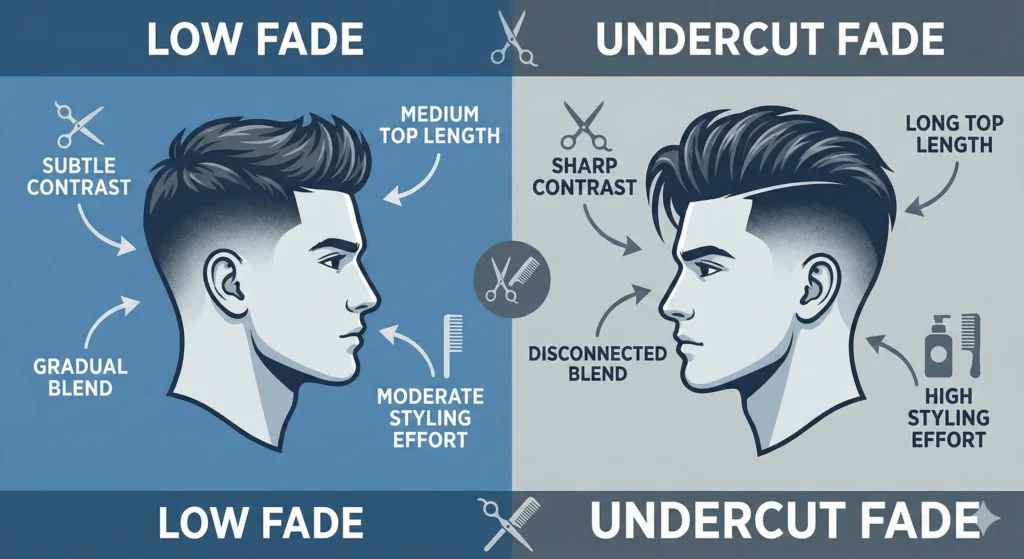 Undercut Fade vs Low Fade Comparison Infographic comparing low fade and undercut fade haircuts with contrast, blend, top length, and styling effort.