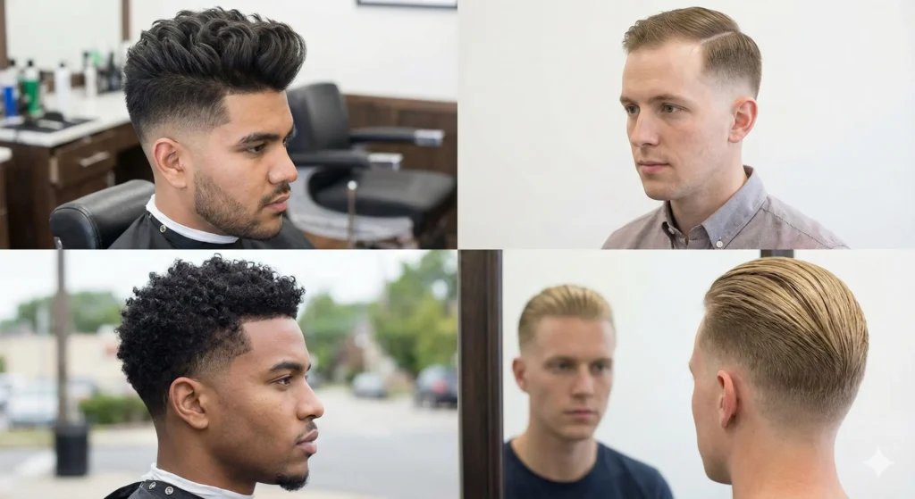 Undercut Fade vs Low Fade Comparison Men with thick, thin, curly, and straight hair styled in low fade and undercut fade haircuts.