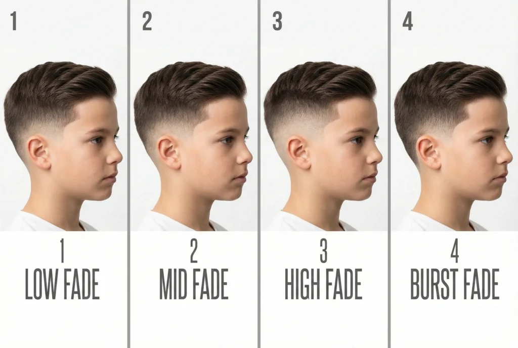 A side-profile comparison chart showing four different boys' haircuts: Low Fade, Mid Fade, High Fade, and Burst Fade.