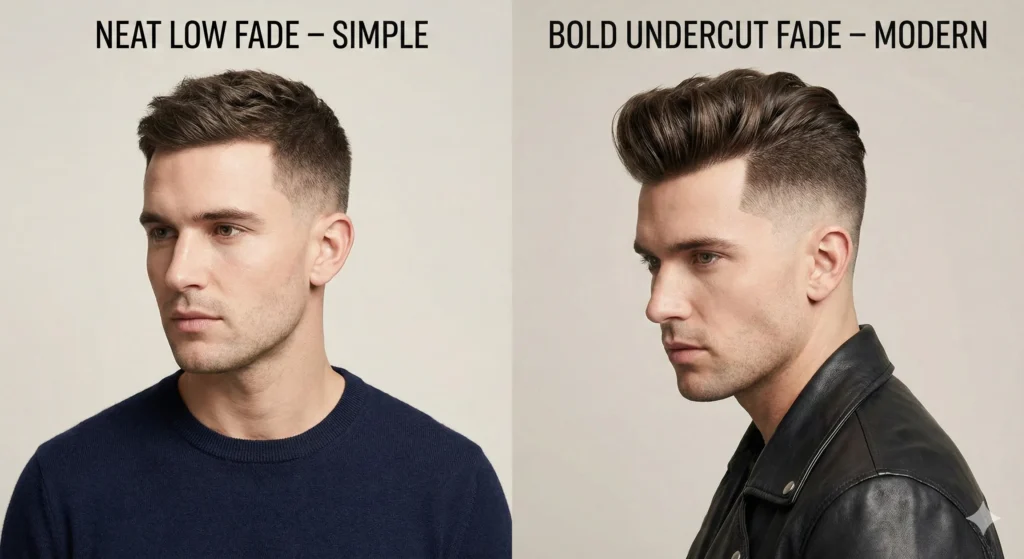 Undercut Fade vs Low Fade Comparison Side-by-side view of neat low fade and bold undercut fade for simple versus modern hairstyle choices.