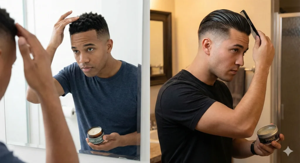 Undercut Fade vs Low Fade Comparison Man styling low fade with light cream and undercut fade with pomade, showing daily hair care.