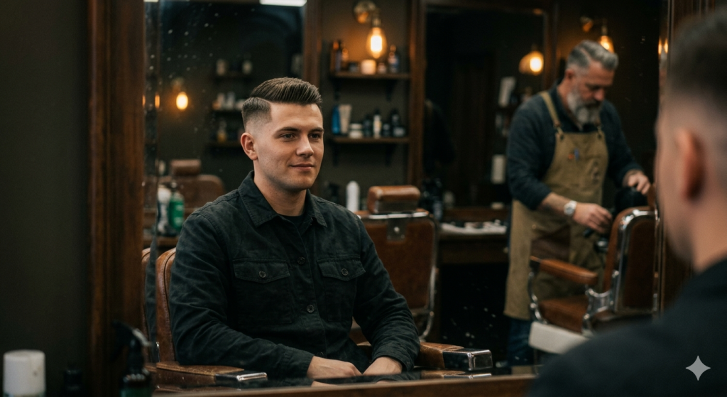 A confident man looking at his fresh low taper fade haircut in a vintage barbershop mirror.