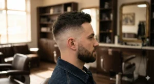 Side profile of a man with a fresh mid skin fade haircut showing a sharp gradient and clean hairline.