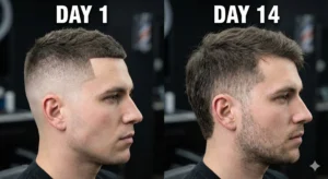 A split-screen comparison showing a fresh skin fade haircut on the left versus the same haircut with two weeks of hair growth on the right.