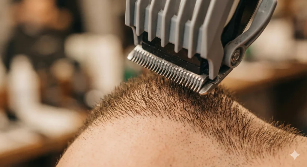 How to Hold Clippers Properly (Beginner’s Complete Guide) Close-up view of clipper teeth gently touching the hair tips, demonstrating the correct light pressure to avoid digging into the scalp.
