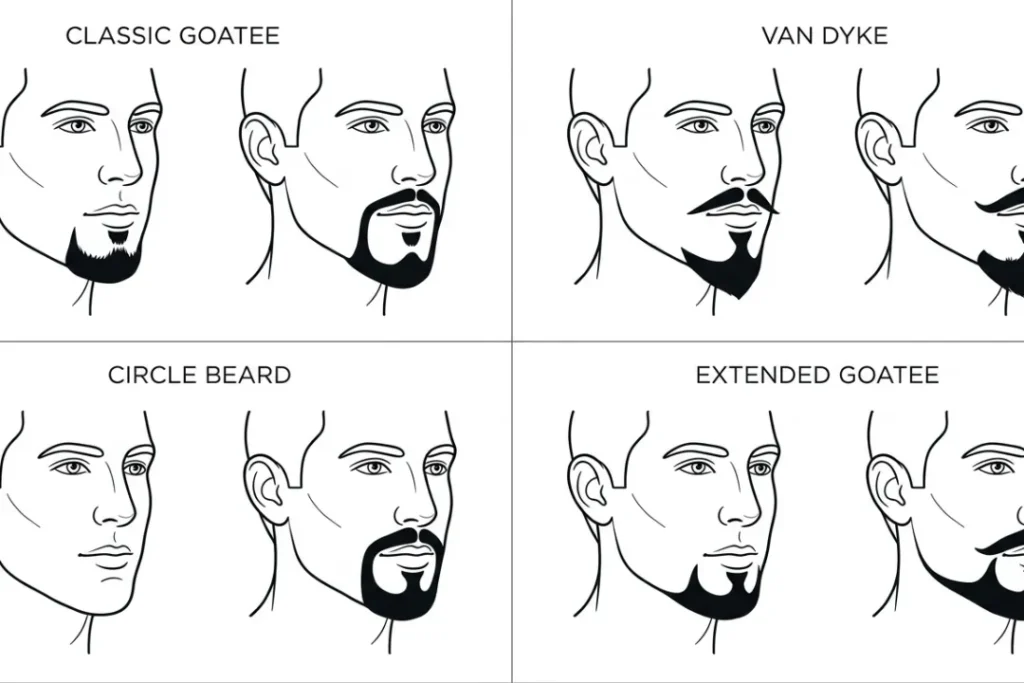 Low Taper Fade with Goatee: The Complete Style Guide for Men A minimalist line art grid illustrating the differences between a classic goatee, Van Dyke, circle beard, and extended goatee.