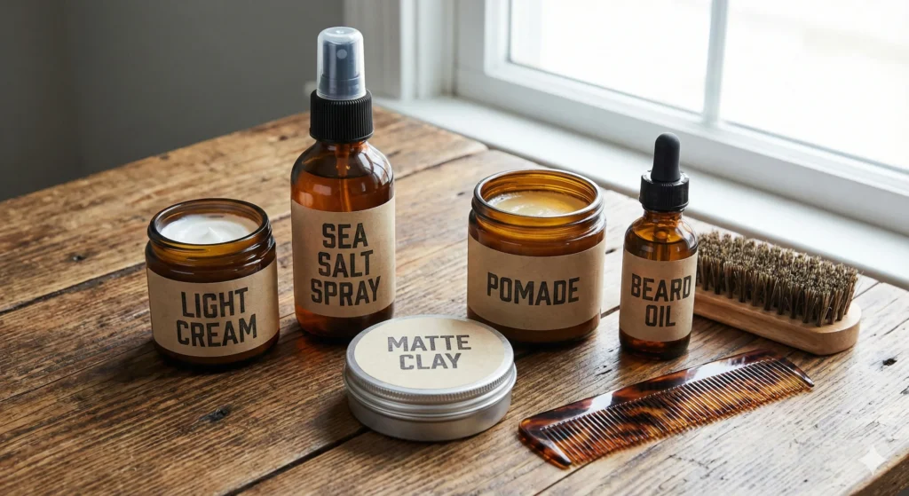 Haircuts & Styles: A Simple Guide for Men (With Face Shapes + Hair Types) Hair and beard styling products including light cream, sea salt spray, matte clay, pomade, and beard oil.