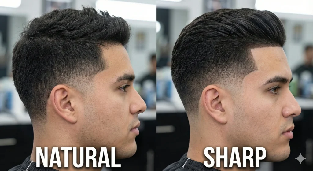 Split screen comparison showing a soft natural Hispanic fade on the left versus a sharp edgy Mexican fade on the right.