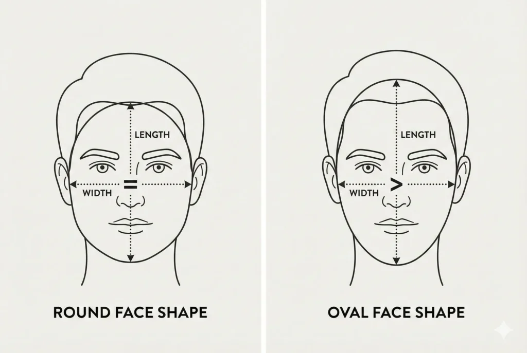 Best Haircuts for Round Face Men (Simple, Clear & Practical Guide) Illustration comparing a round face shape to an oval face, highlighting that cheek width equals face length.