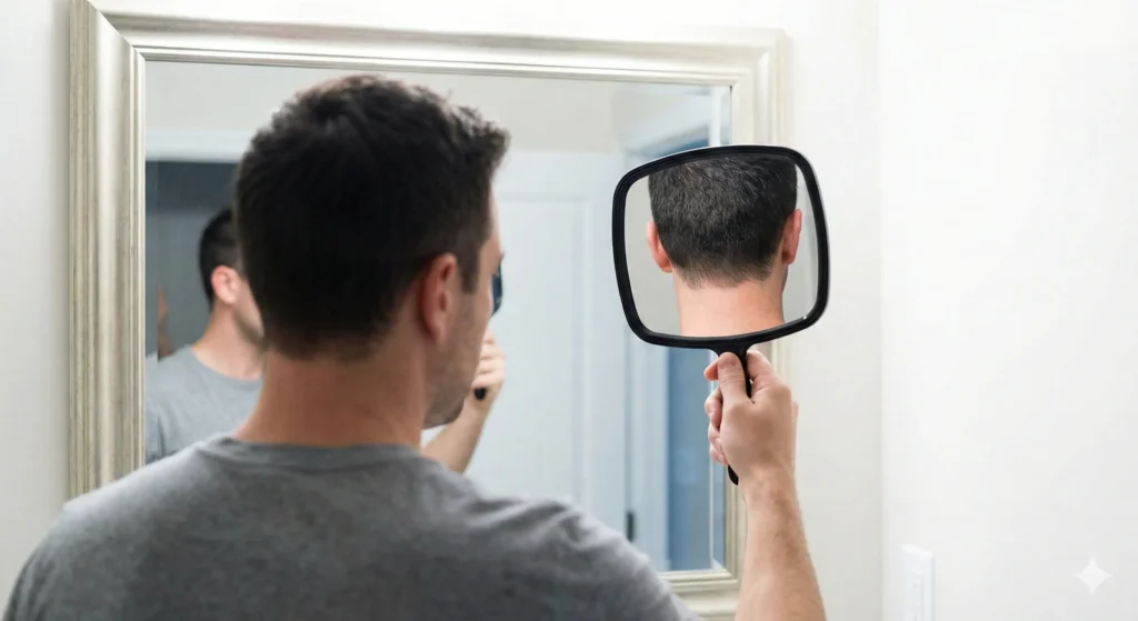 Man using a hand mirror and a wall mirror simultaneously to see the back of his head for a DIY haircut.