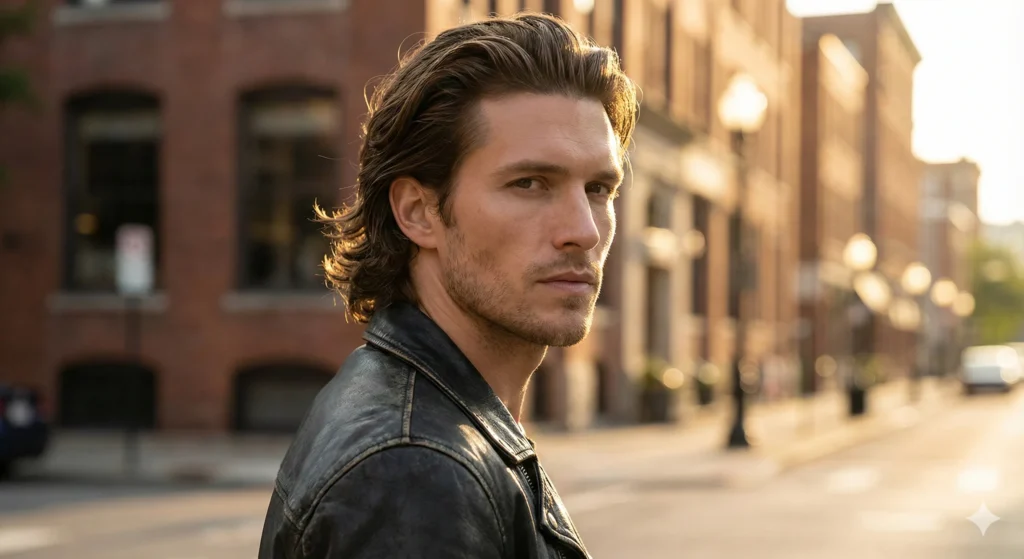 Best Haircuts for Diamond Face Shape Man with shoulder-length slicked back hair with volume, softening the angles of a diamond face shape.