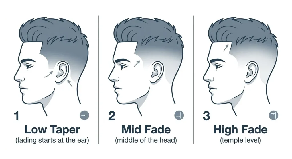 Low Taper Fade Without Beard: Styles, Tips and Everything You Need to Know A technical hair chart illustrating the differences between low taper, mid fade, and high fade starting points.