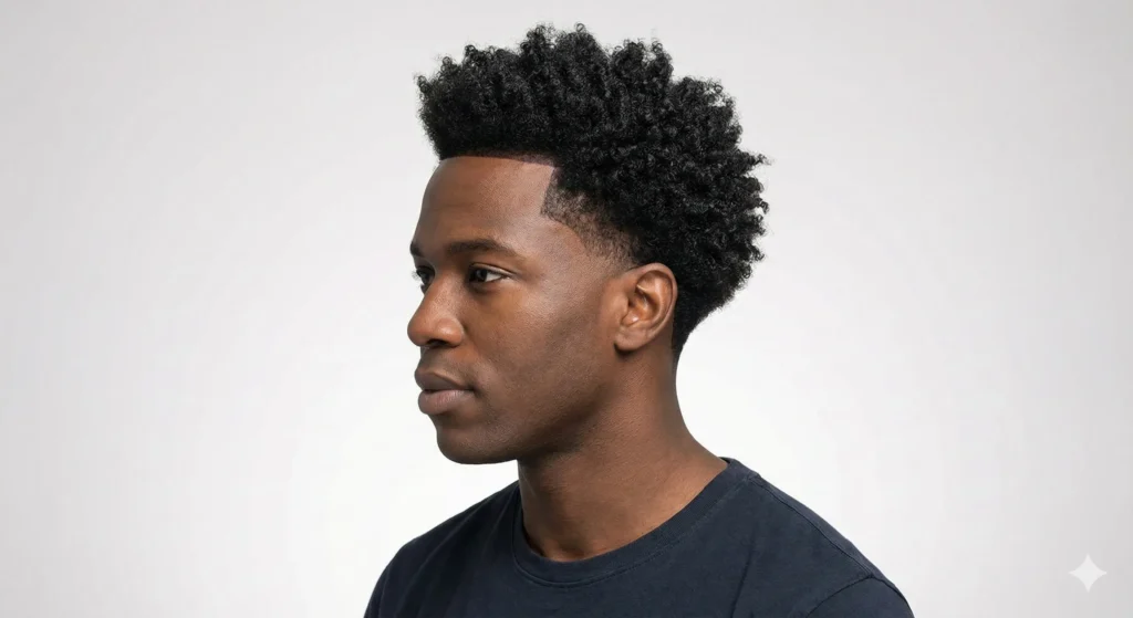 Best Fades for Curly Hair – Easy & Complete Guide Black man with 3C coily hair featuring a clean low taper fade that keeps edges neat and curls defined.