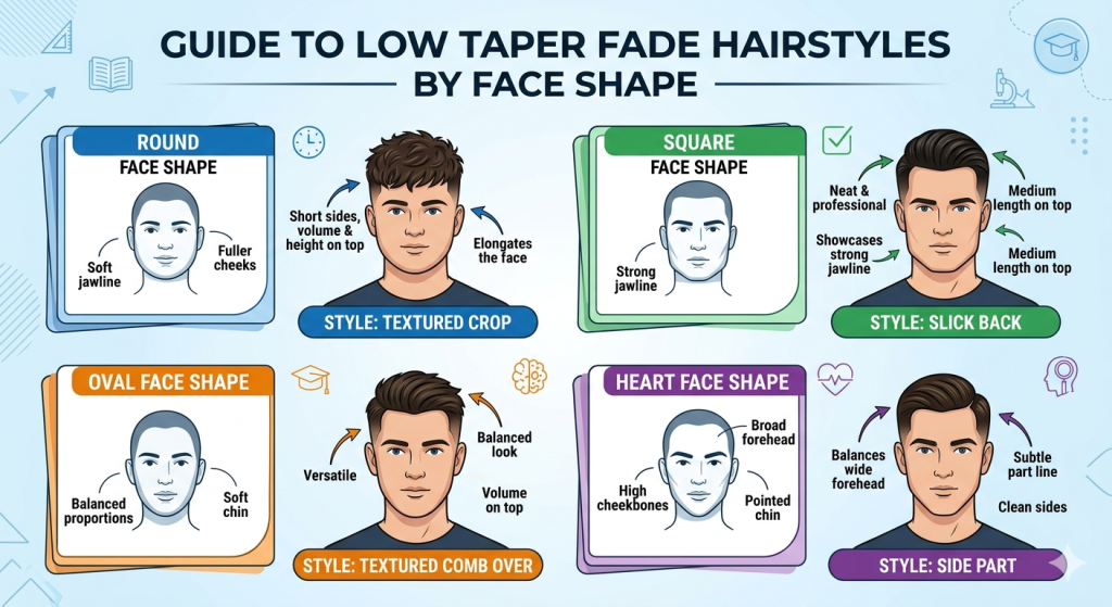Educational infographic showing the best low taper fade styles for round, square, oval, and heart face shapes.