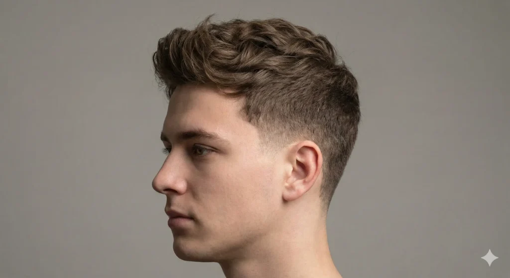 Side profile of a young man with a clean low taper fade haircut and textured medium-length hair on top.