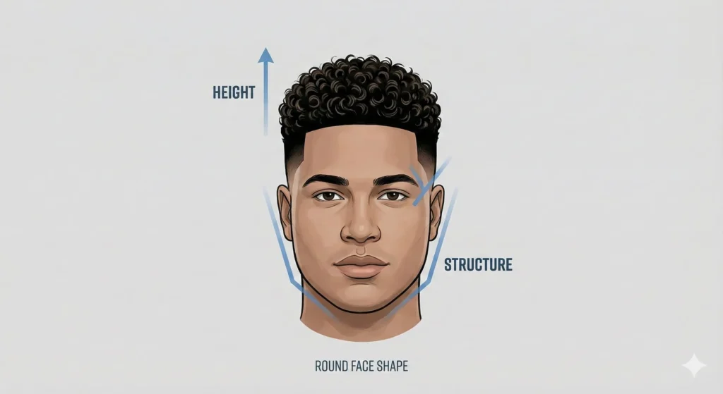 Low taper fade curly hair on a round face showing added jawline structure.