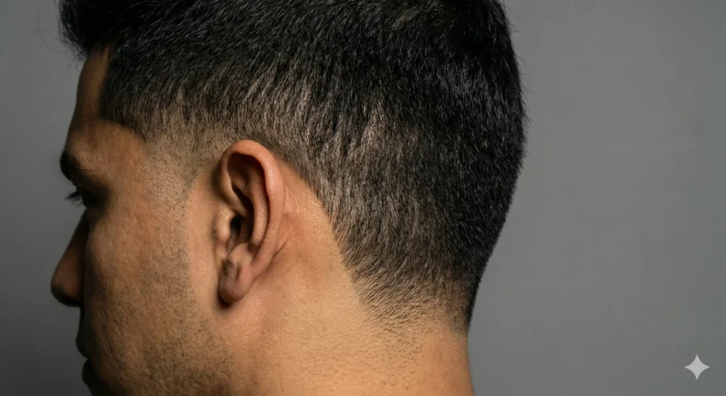 Side profile close-up showing a low taper fade on Hispanic hair, blending from skin above the ear to thick hair on top.
