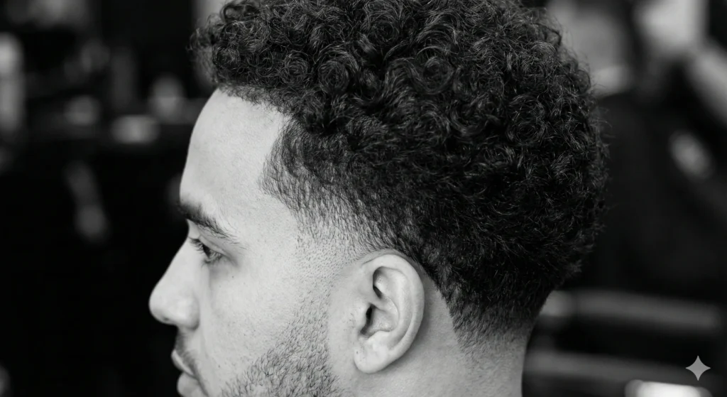Side view of low taper fade curly hair showing clean fade around ear and neckline.