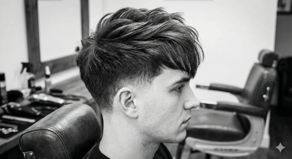 Low Blowout Taper with Fringe: A Simple Style Guide for Men Side profile of a men's low taper fade showing the gradient around the ear and the volume of the blowout style on top.