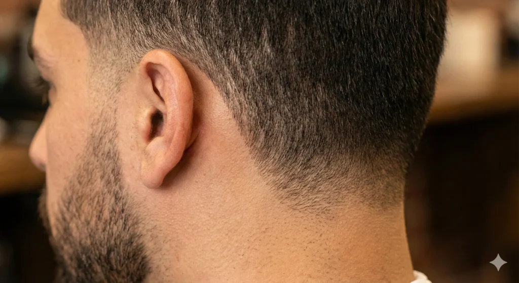 The Best Complete Guide to Taper Fade Haircut Close-up of a low taper fade starting near the ear, showing a subtle blend into the neckline.