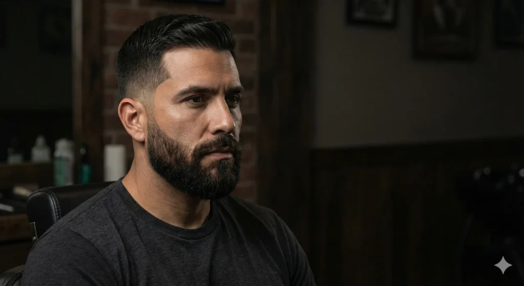 Masculine Hispanic man with a full beard blended into a low taper fade haircut.