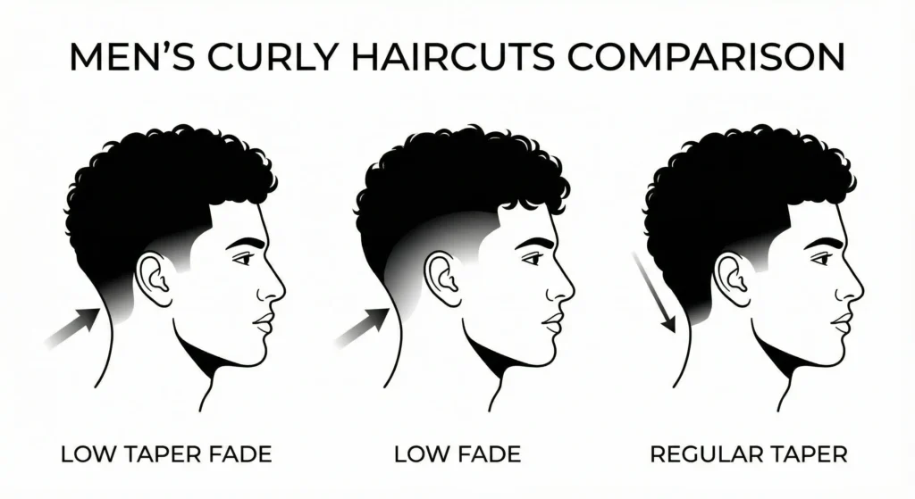 Diagram comparing low taper fade curly hair vs low fade and regular taper on curly hair.