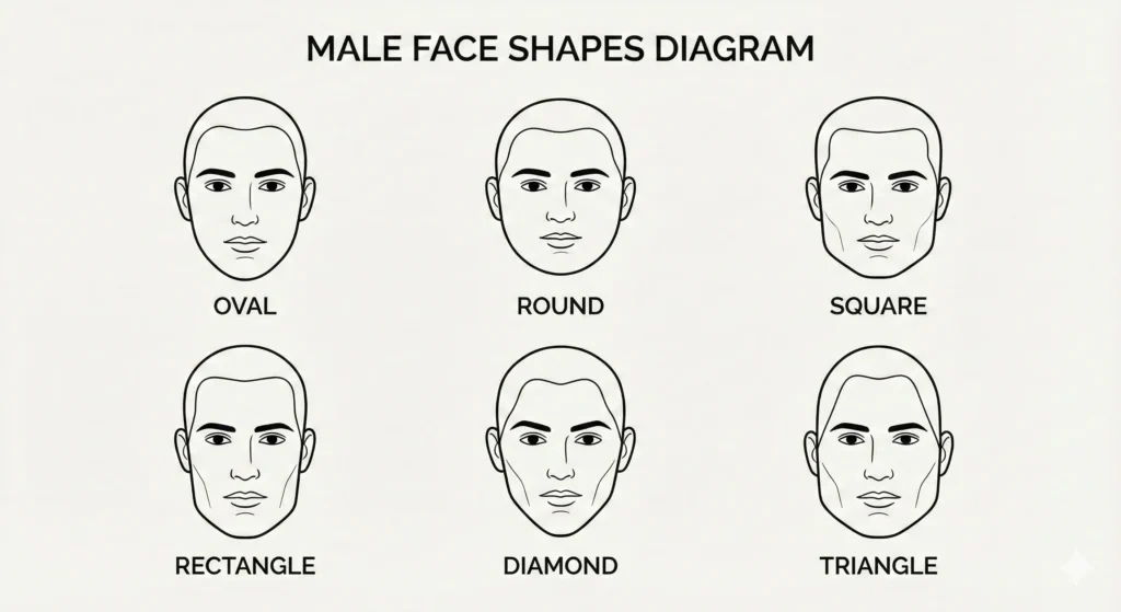 Haircuts & Styles: A Simple Guide for Men (With Face Shapes + Hair Types) Diagram of male face shapes including oval, round, square, rectangle, diamond, and triangle.