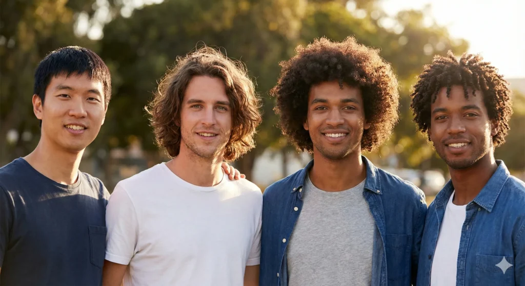 Haircuts & Styles: A Simple Guide for Men (With Face Shapes + Hair Types) Men with different hair types: straight, wavy, curly, and coily hair.