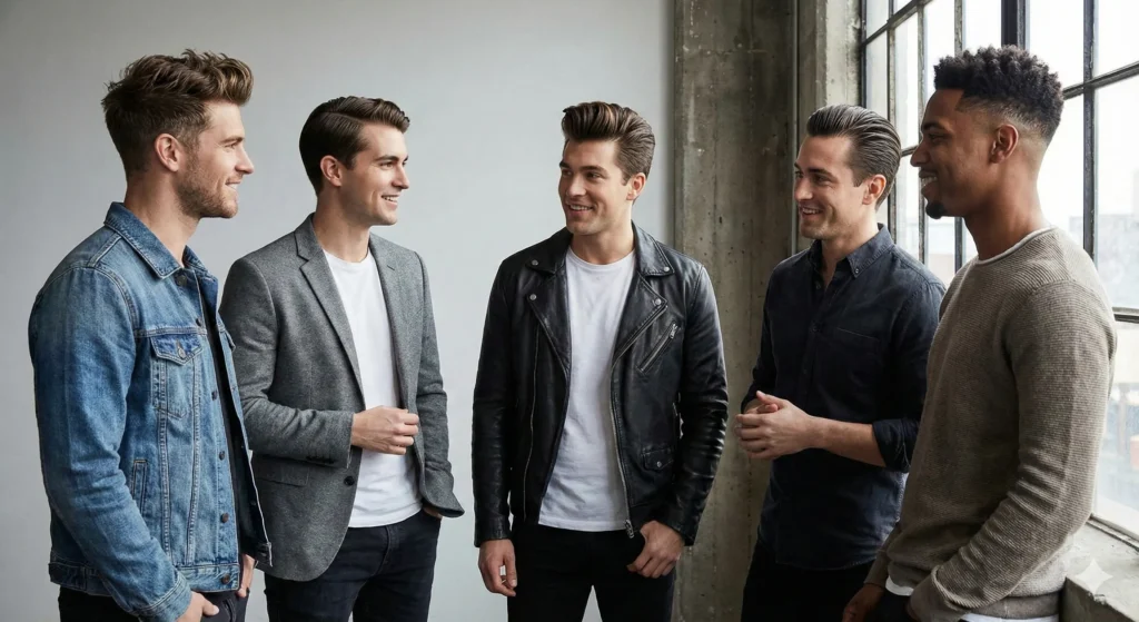 Haircuts & Styles: A Simple Guide for Men (With Face Shapes + Hair Types) Men displaying medium-length hairstyles including textured quiff, side part, pompadour, slick back, and taper fade with textured top.