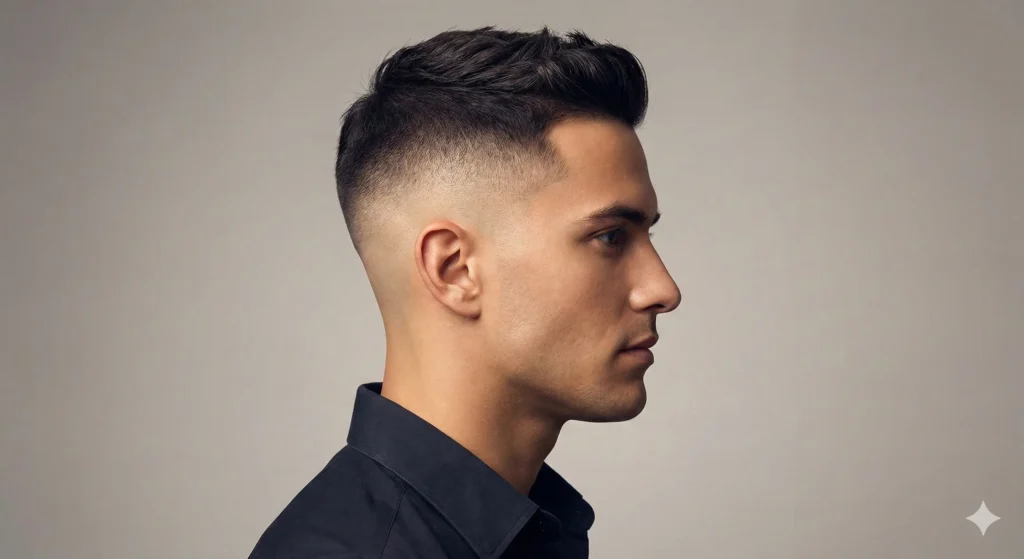 How to Fix a Fade Line (Beginner-Friendly Guide) Side profile of a man with a clean, perfectly blended skin fade haircut, featuring a smooth gradient from bald to dark with no visible lines.