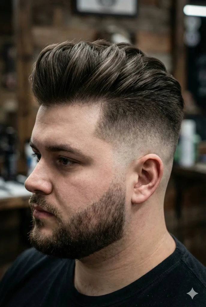 Best Haircuts for Round Face Men (Simple, Clear & Practical Guide) Side profile of a man with a round face sporting a textured pompadour with faded sides to create a slimmer jawline appearance.
