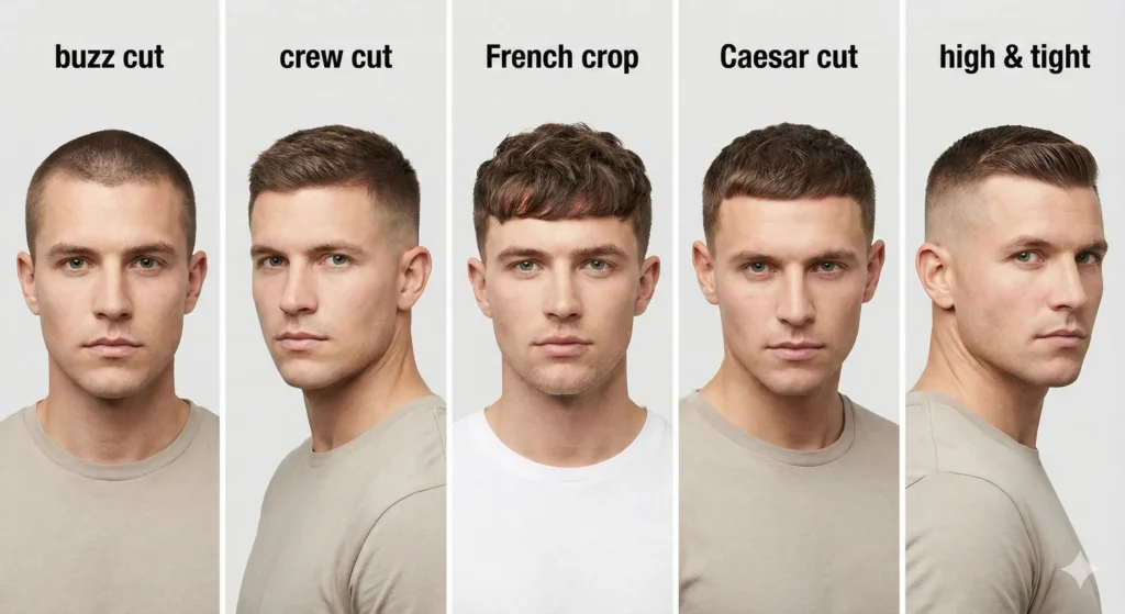 Haircuts & Styles: A Simple Guide for Men (With Face Shapes + Hair Types) Men showing various short haircuts including buzz cut, crew cut, French crop, Caesar cut, and high & tight.