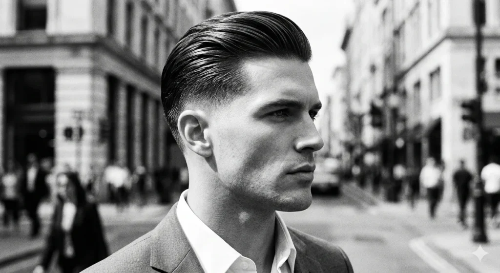 Low Taper Fade Without Beard: Styles, Tips and Everything You Need to Know Black and white photography of a man with a professional slicked-back hairstyle and a clean low taper fade.