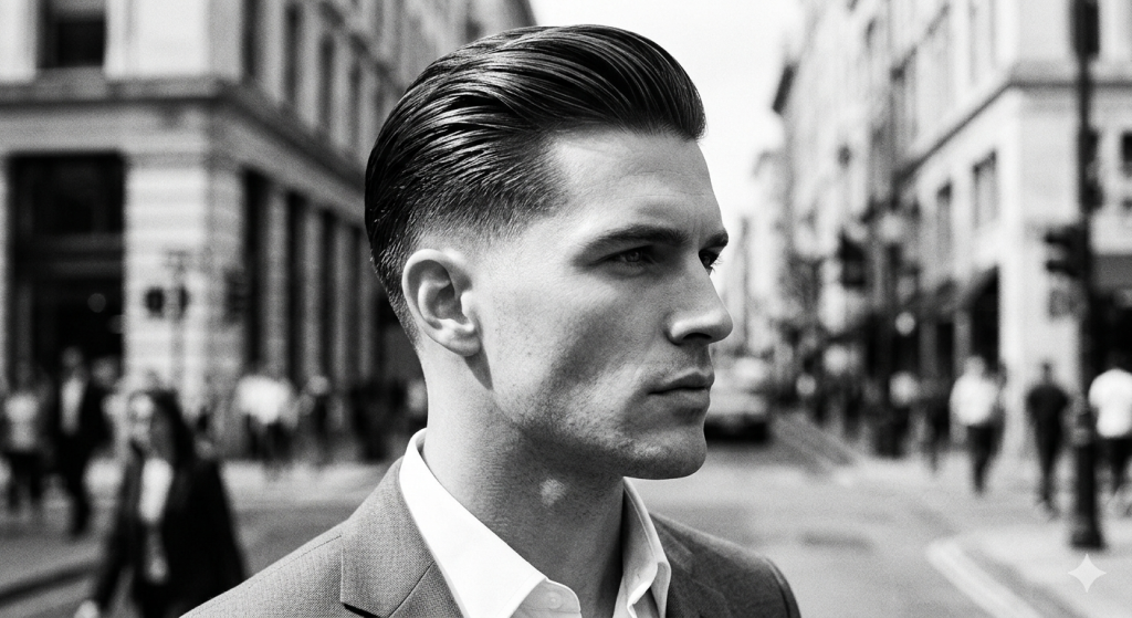 Black and white photography of a man with a professional slicked-back hairstyle and a clean low taper fade.