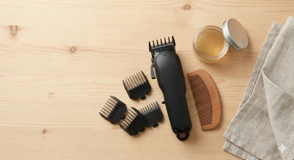 The Best Complete Guide to Taper Fade Haircut Grooming tools including clippers and a comb for maintaining a fresh taper fade.