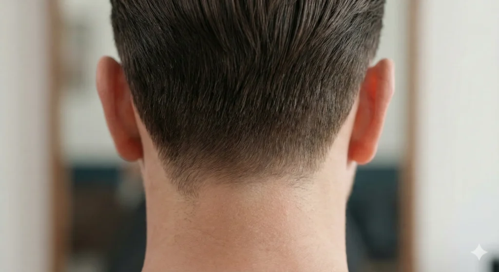 Barber Terminology for Beginners: Simple Haircut Terms Explained Close-up of the back of a man's neck showing a clean taper haircut with a natural, professional neckline.