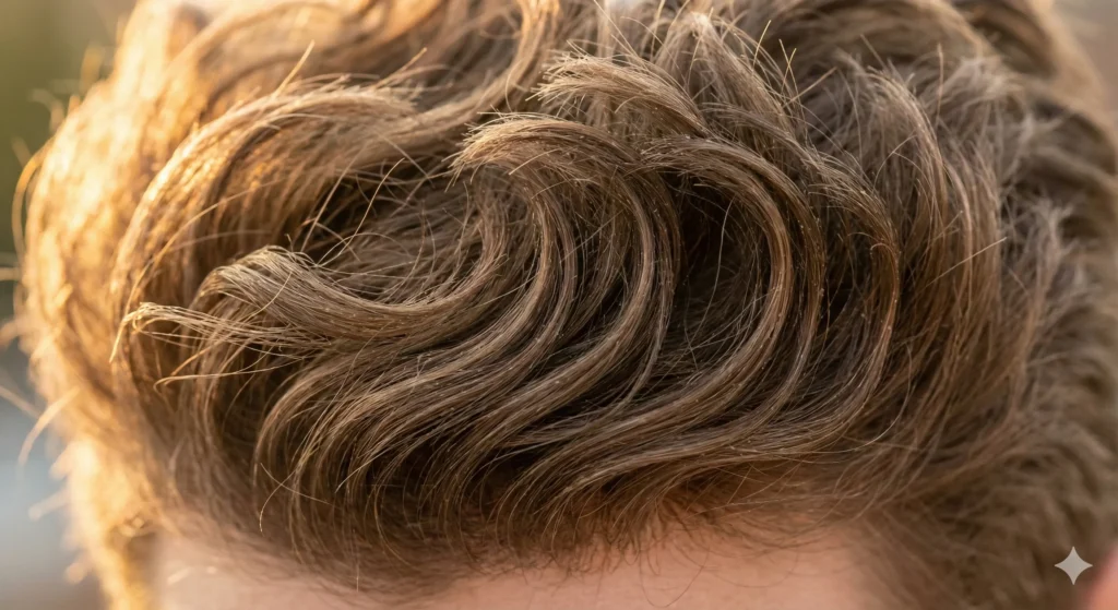 Low Blowout Taper with Fringe: A Simple Style Guide for Men Close-up detail of textured wavy hair with a matte finish, demonstrating the volume of a blowout hairstyle.
