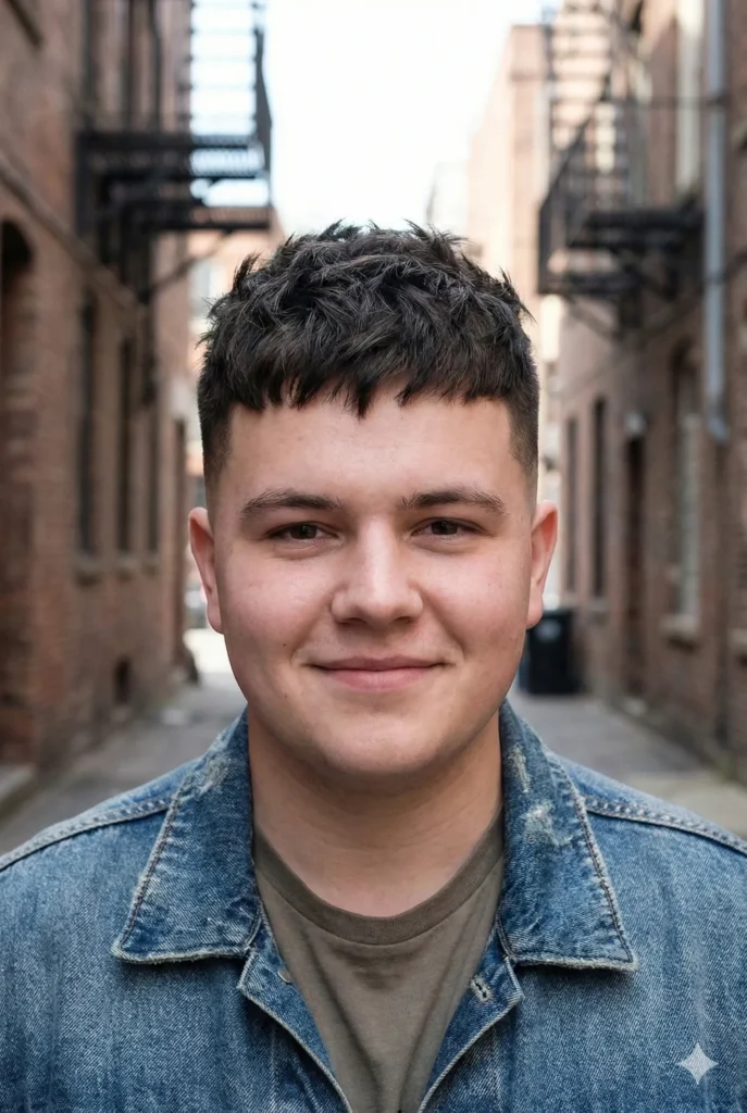 Best Haircuts for Round Face Men (Simple, Clear & Practical Guide) Front view of a textured crop haircut on a round face, featuring short sides and choppy layers on top to add angles.