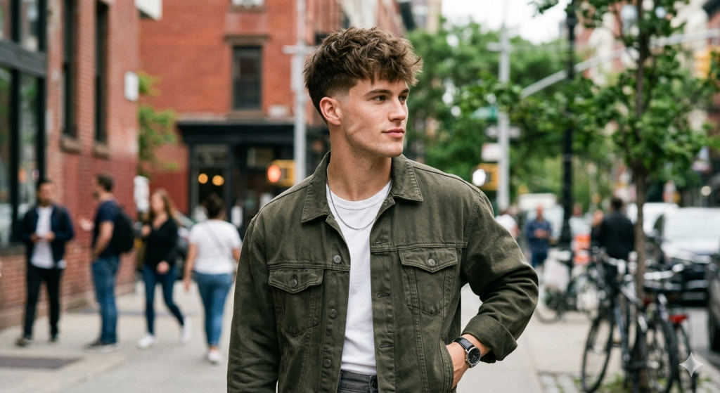 A young man with a voluminous messy textured crop haircut and a sharp low taper fade on a clean-shaven face.