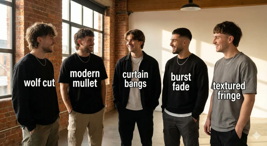 Haircuts & Styles: A Simple Guide for Men (With Face Shapes + Hair Types) Men wearing trending haircuts for 2025 including wolf cut, modern mullet, curtain bangs, burst fade, and textured fringe.