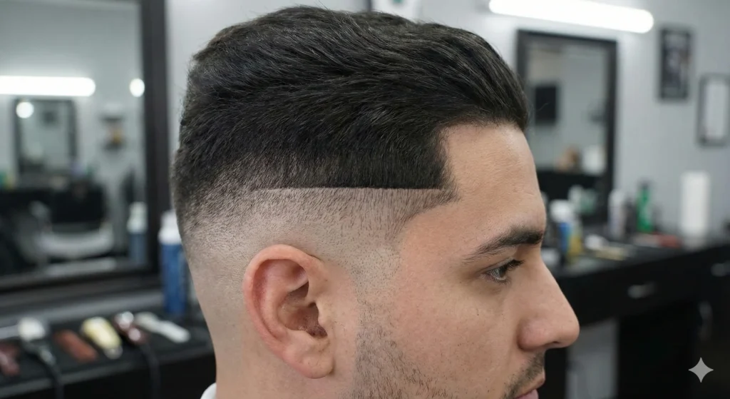 How to Fix a Fade Line (Beginner-Friendly Guide) Close-up side profile of a man's haircut showing a sharp, unblended dark line between the skin fade and longer hair, illustrating a common fade line mistake.